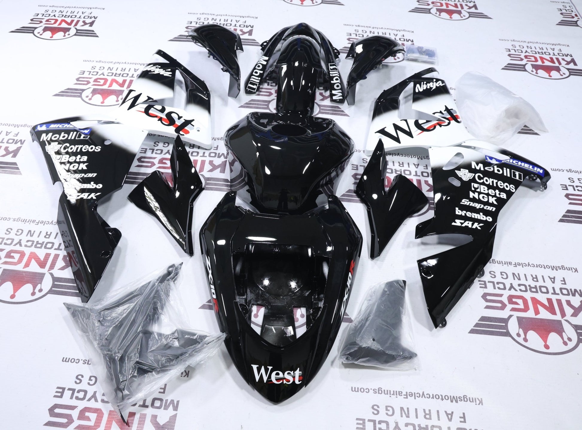 Fairings for Kawasaki ZX10R (2004-2005) Black, White Mobile1 from KingsMotorcycleFairings.com