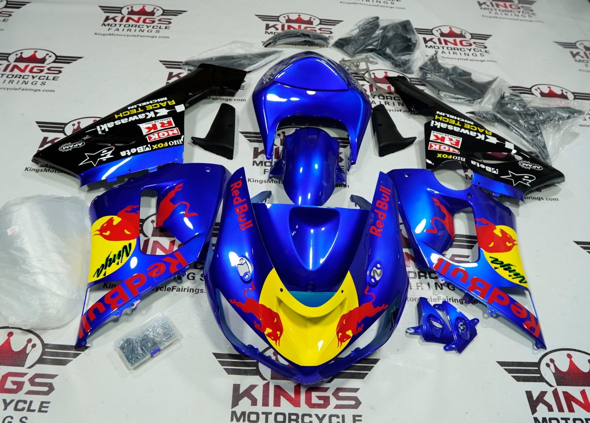 Fairings for Kawasaki ZX6R 636 (2005-2006) Blue Red Bull at KingsMotorcycleFairings.com 