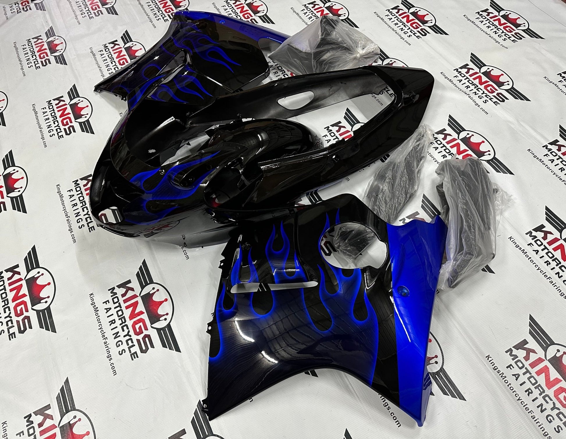 HONDA CBR1100XX Super Blackbird Fairings (1996-2007) Black, Blue Flames at KingsMotorcycleFairings.com!