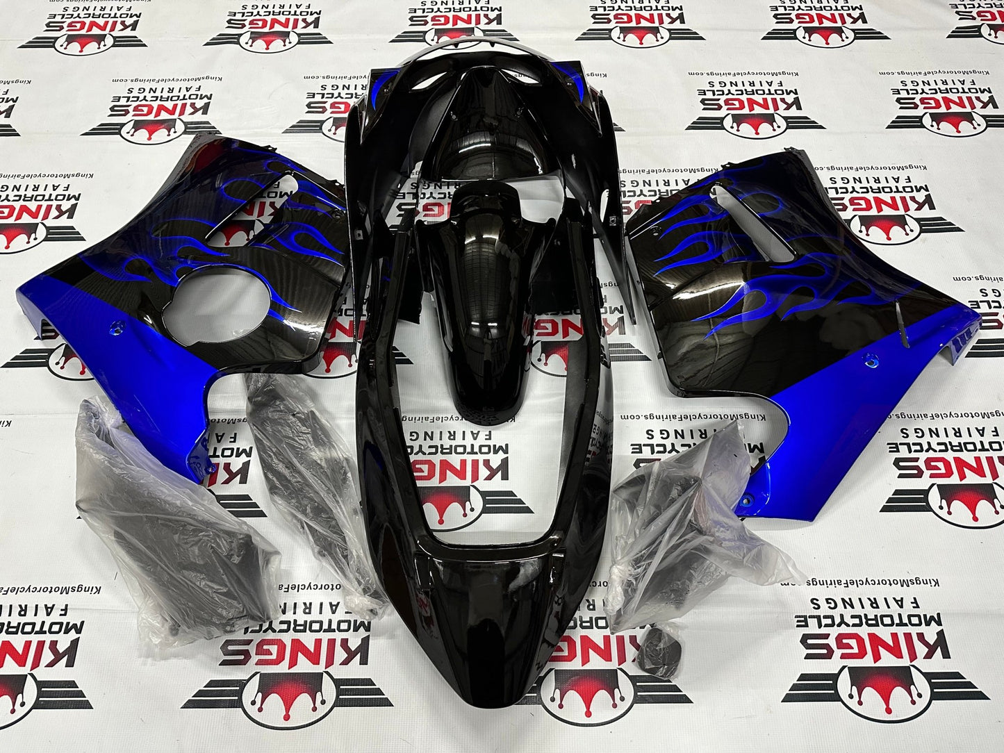 HONDA CBR 1100XX Super Blackbird Fairings (1996-2007) Black, Blue Flames at KingsMotorcycleFairings.com