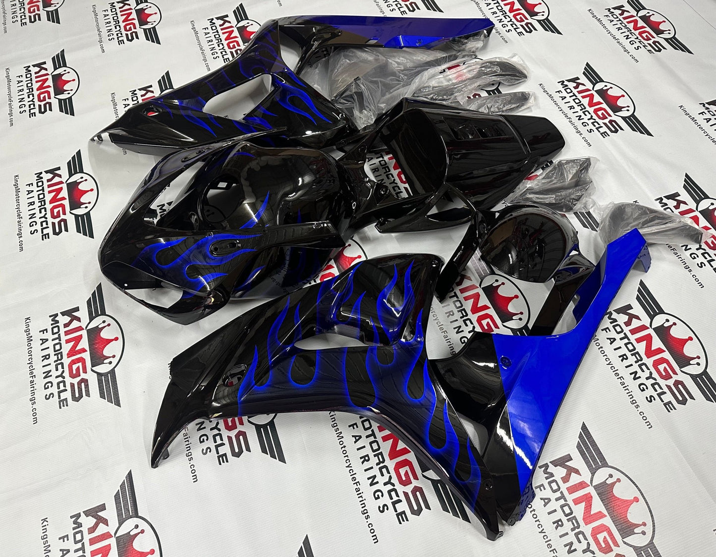 Honda CBR 1000RR Fairings (2006-2007) Black, Blue Flames at KingsMotorcycleFairings.com