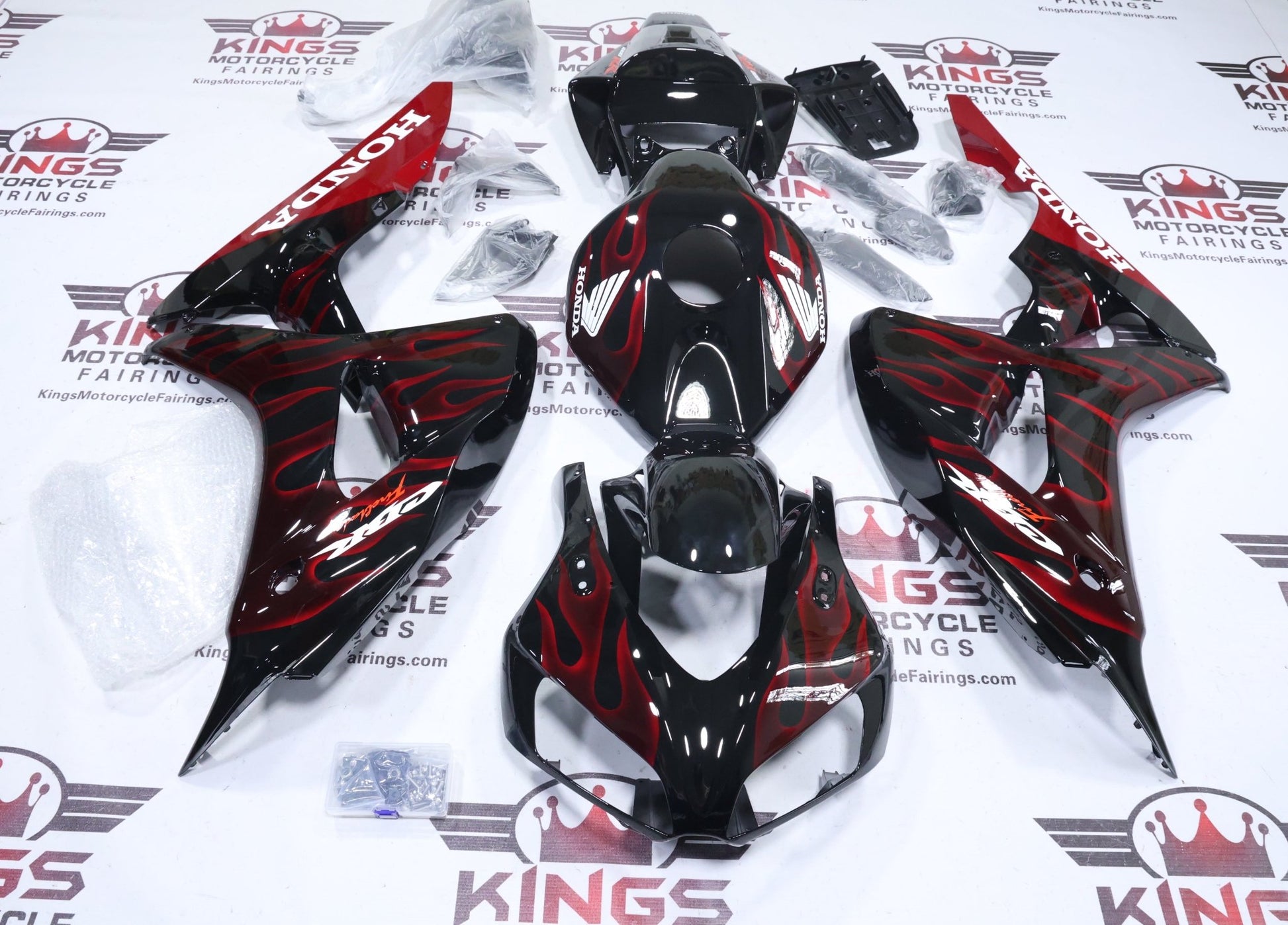 Honda CBR1000RR Fairings (2006-2007) Black, White, Red Flame at KingsMotorcycleFairings.com
