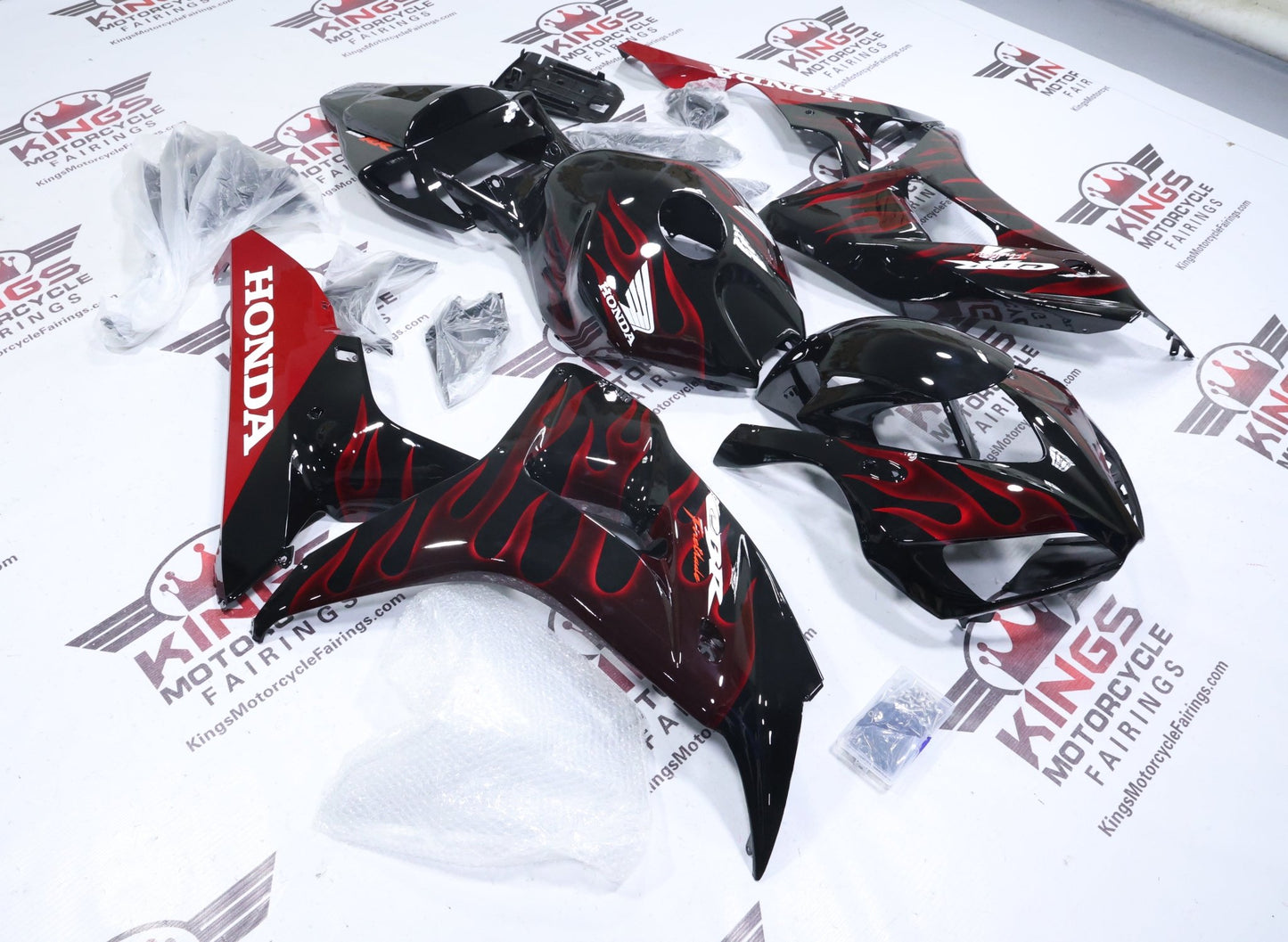 Honda CBR1000RR Fairings (2006-2007) Black, White, Red Flame from KingsMotorcycleFairings.com