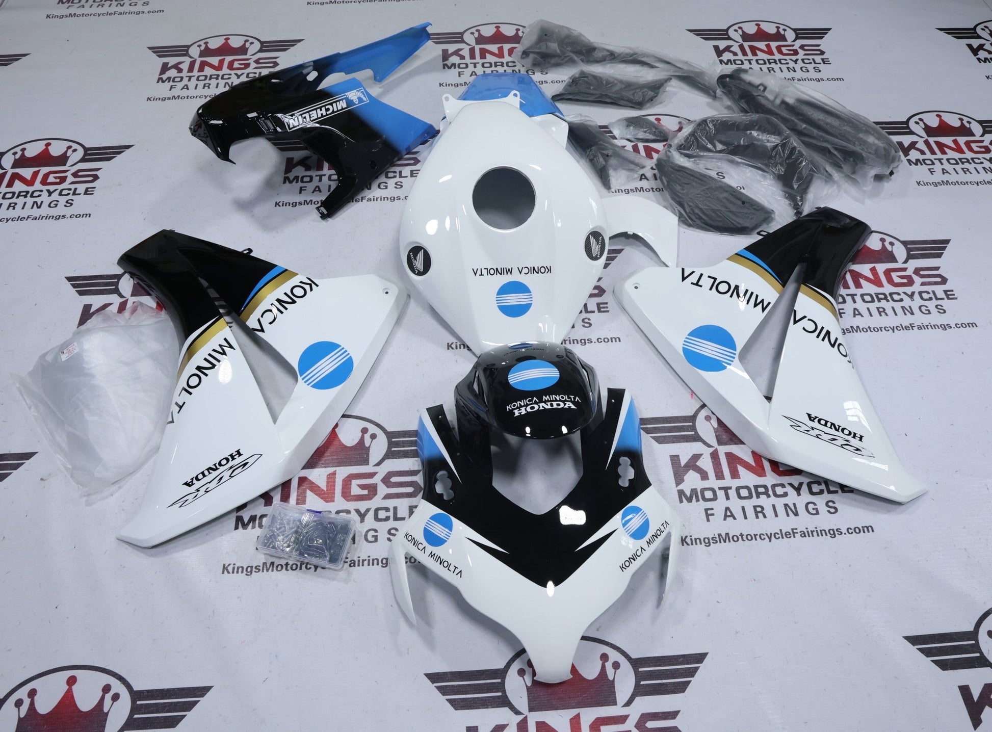 Honda CBR1000RR Fairings (2008-2011) White, Black, Blue Konica Minolta at KingsMotorcycleFairings.com