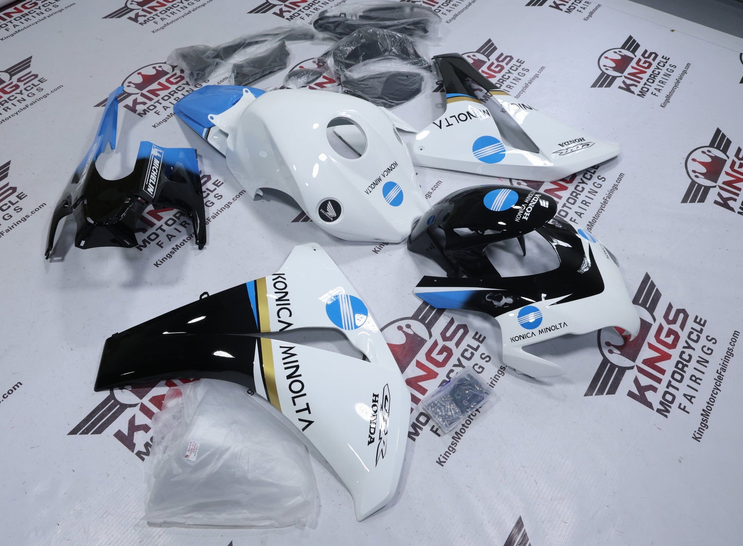 Honda CBR1000RR Fairings (2008-2011) White, Black, Blue Konica Minolta from KingsMotorcycleFairings.com