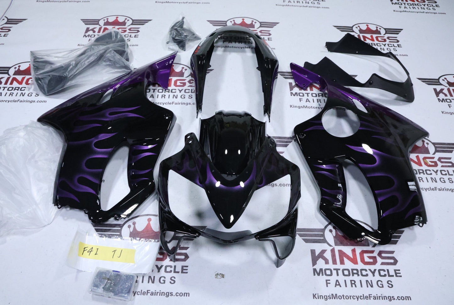Honda CBR600F4i Fairings (2004-2007) Black, Purple Fire Flames at KingsMotorcycleFairings.com