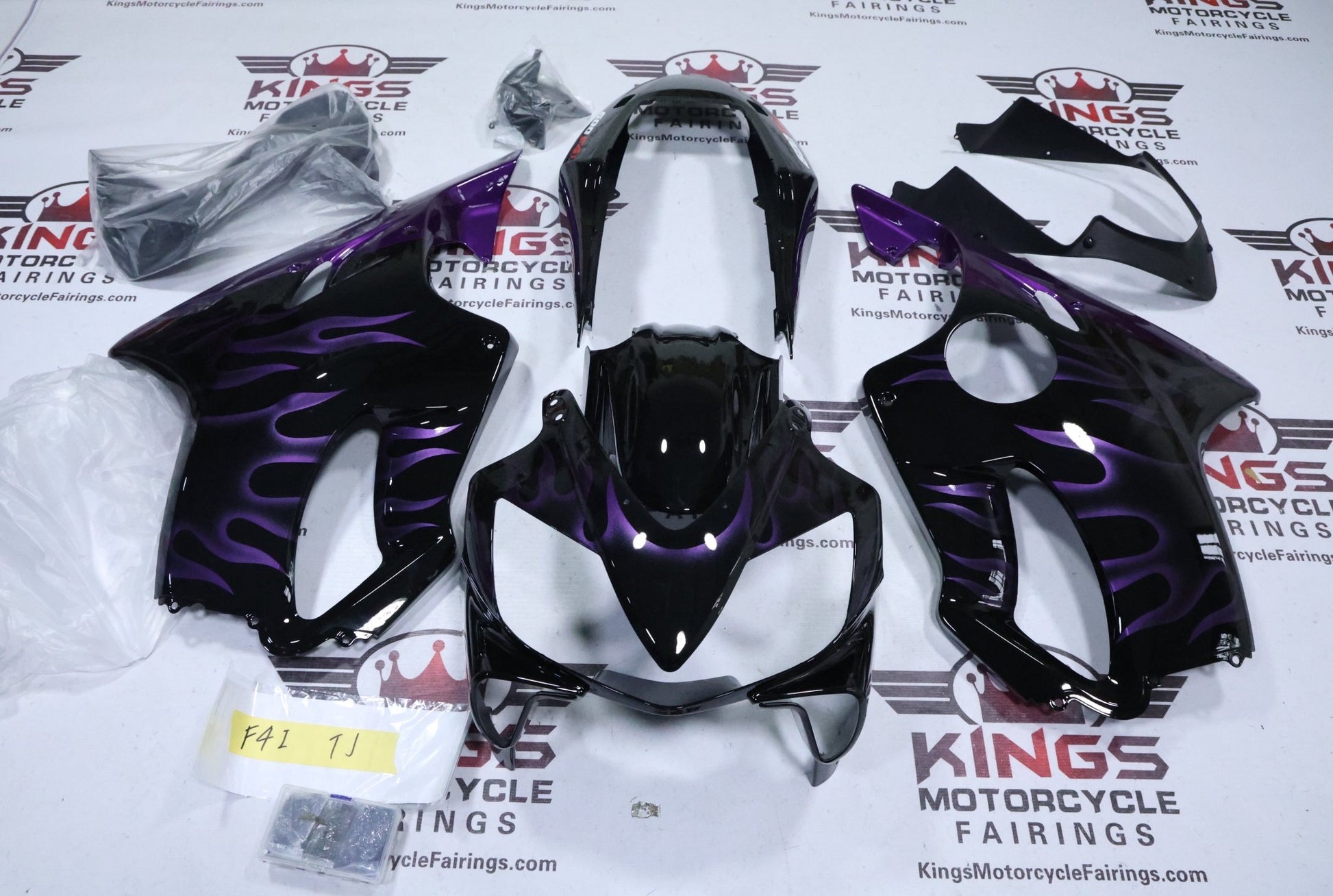 Honda CBR600F4i Fairings (2004-2007) Black, Purple Fire Flames at KingsMotorcycleFairings.com