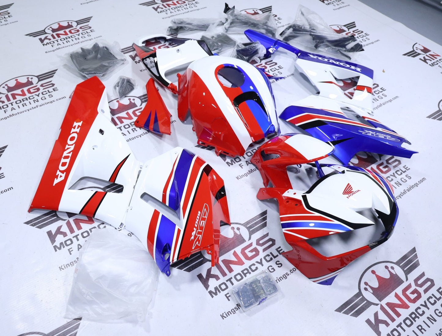 Honda CBR600RR Fairing Kit (2013-2023) White, Blue, Red, Stripe at KingsMotorcycleFairings.com