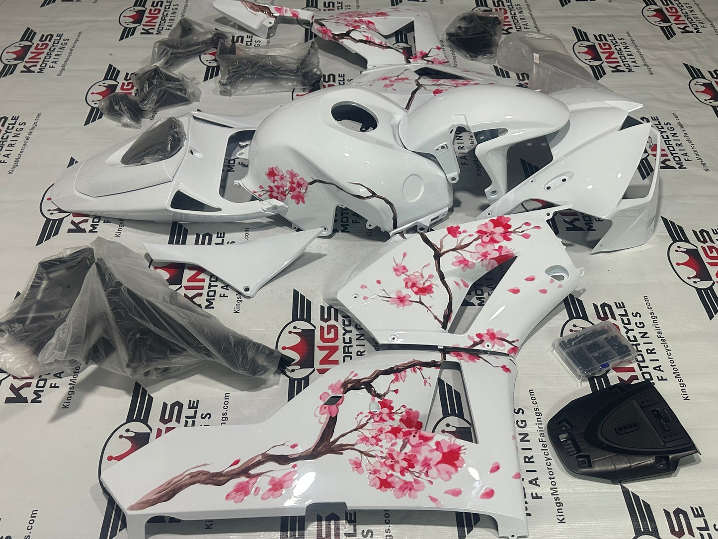 Honda CBR600RR Fairing Kit (2026) White, Pink Flowers at KingsMotorcycleFairings.com