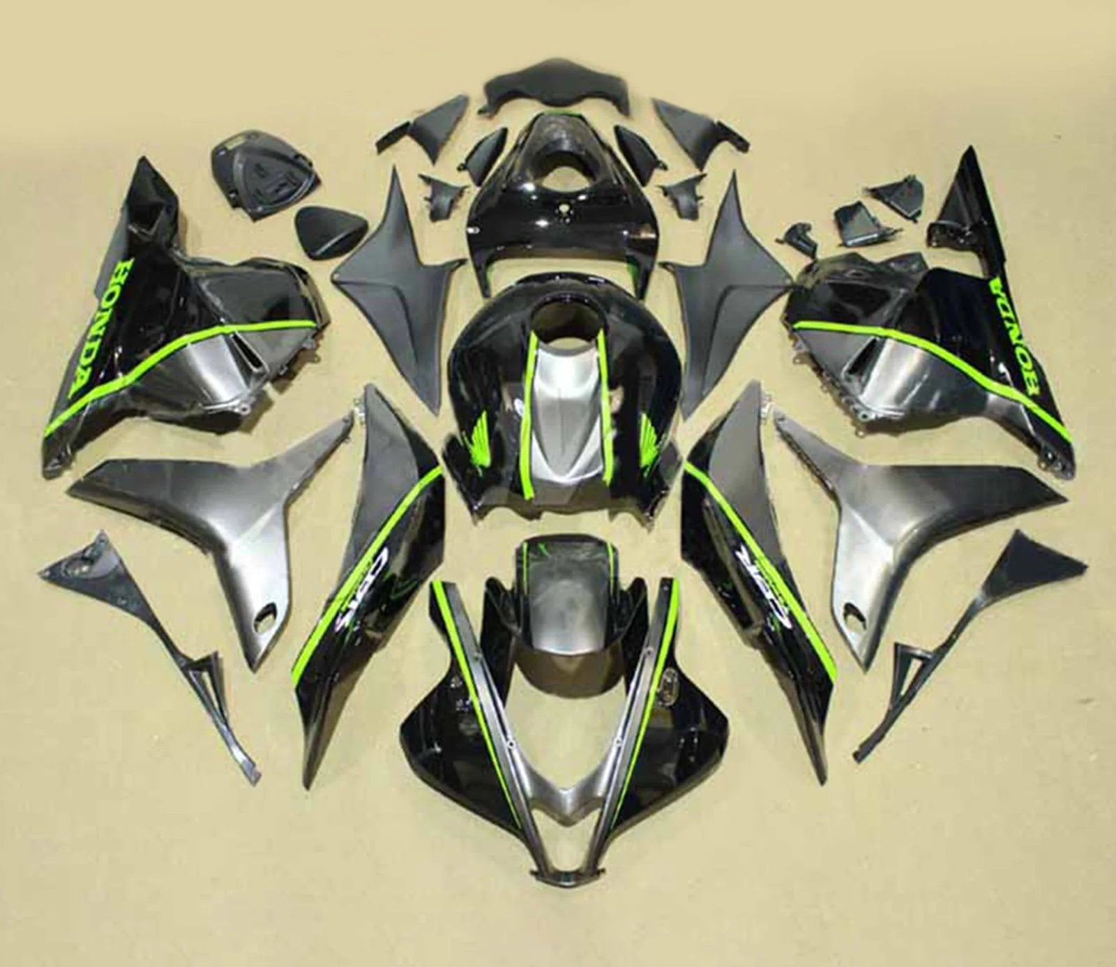 Honda CBR600RR Fairings (2009-2012) Black, Silver, Green Stripe from KingsMotorcycleFairings.com