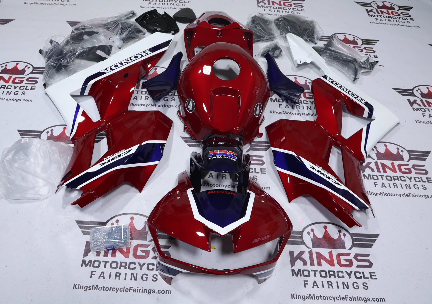 Honda CBR600RR Fairings (2013-2023) Candy Red, Dark Blue, White from KingsMotorcycleFairings.com