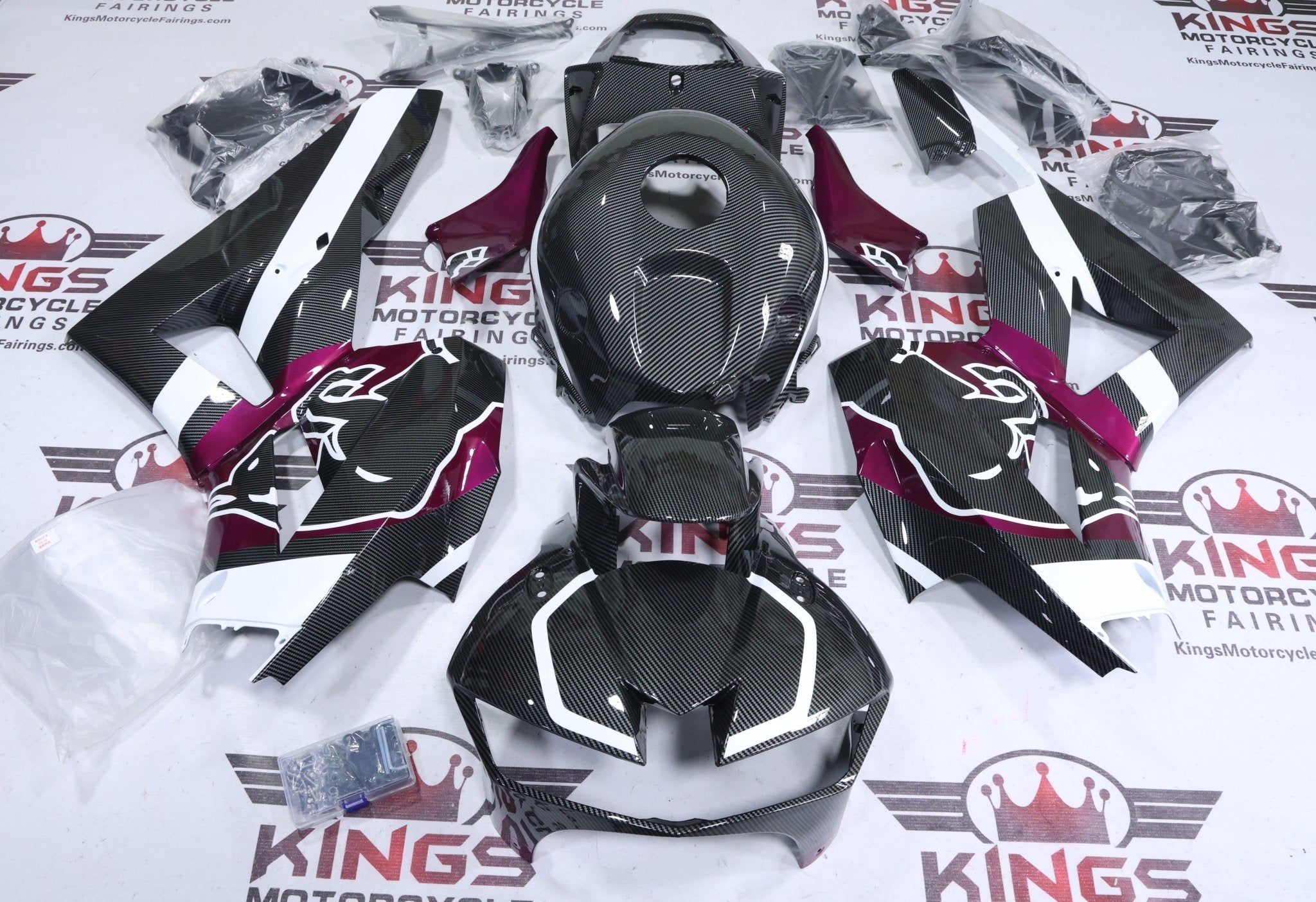 Honda CBR600RR Fairings (2013-2023) Faux Carbon Fiber, Fuchsia Purple, Bull from KingsMotorcycleFairings.com