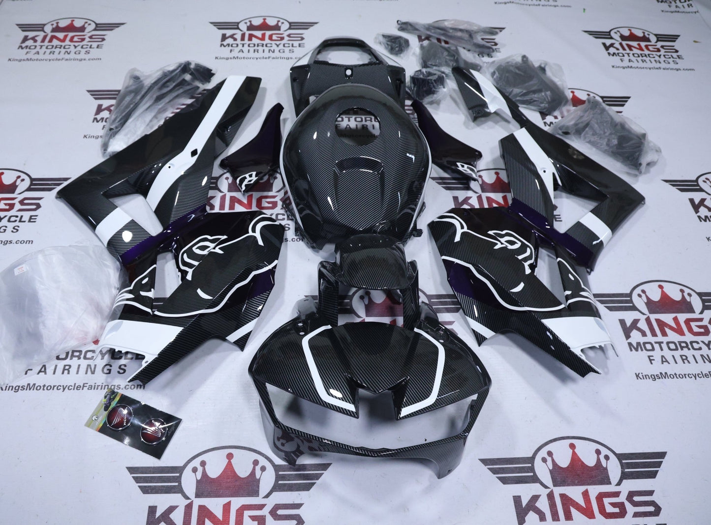 Honda CBR600RR Fairings (2013-2023) Faux Carbon Fiber, White, Purple, Bull at KingsMotorcycleFairings.com