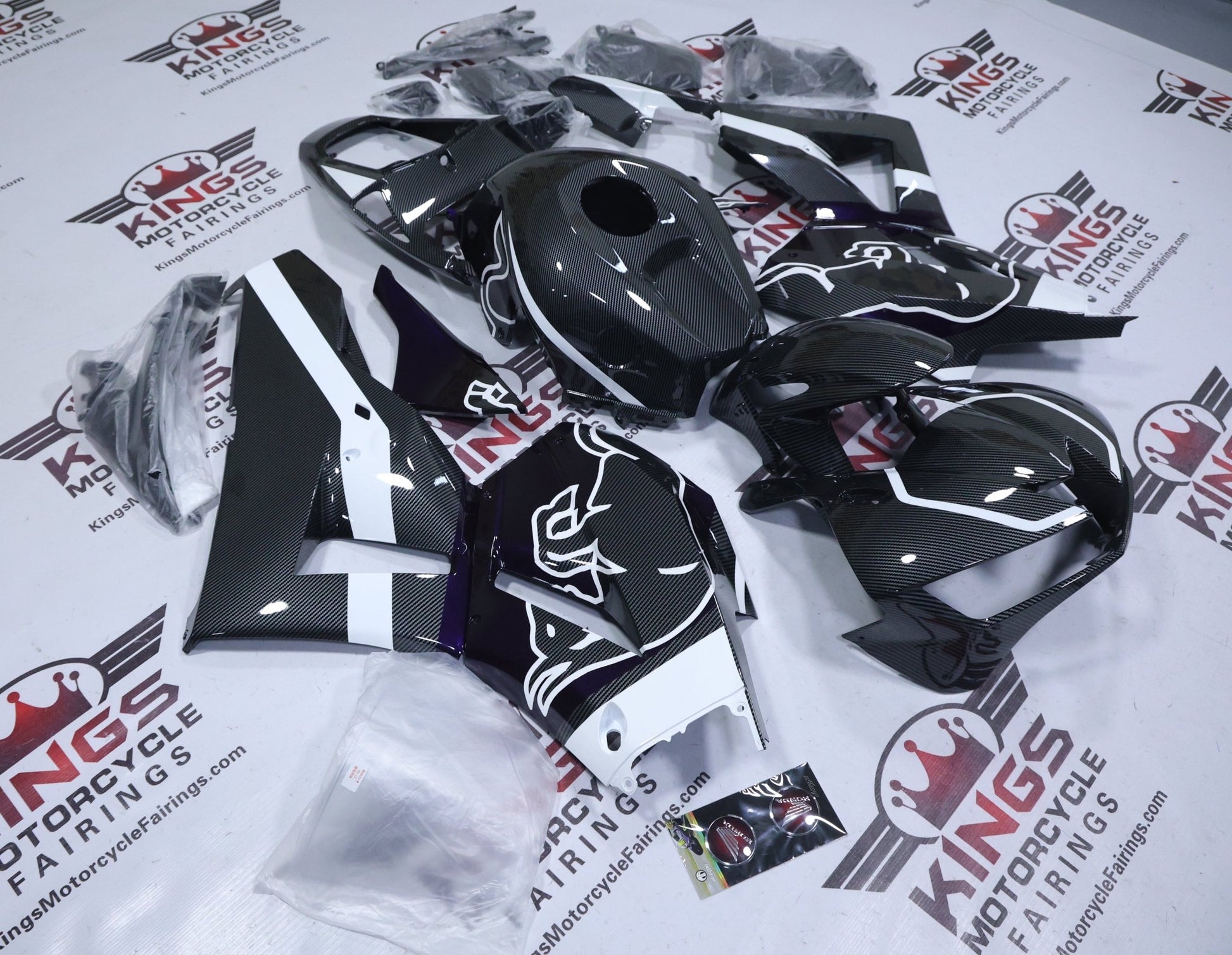 Honda CBR600RR Fairings (2013-2023) Faux Carbon Fiber, White, Purple, Bull from KingsMotorcycleFairings.com