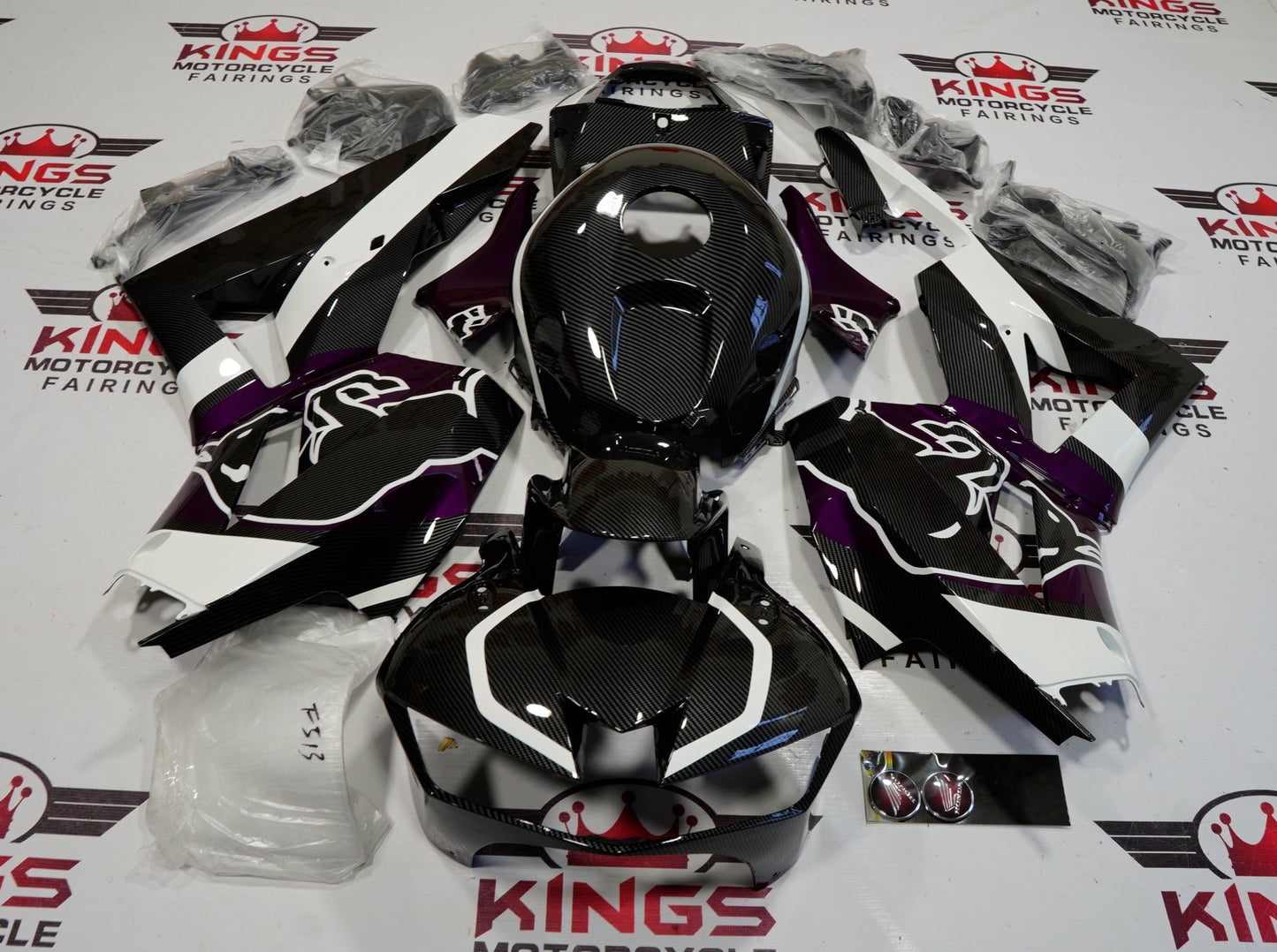 Honda CBR600RR Fairings (2024-2025) Faux Carbon Fiber, Purple, Black, White Bull at KingsMotorcycleFairings.com