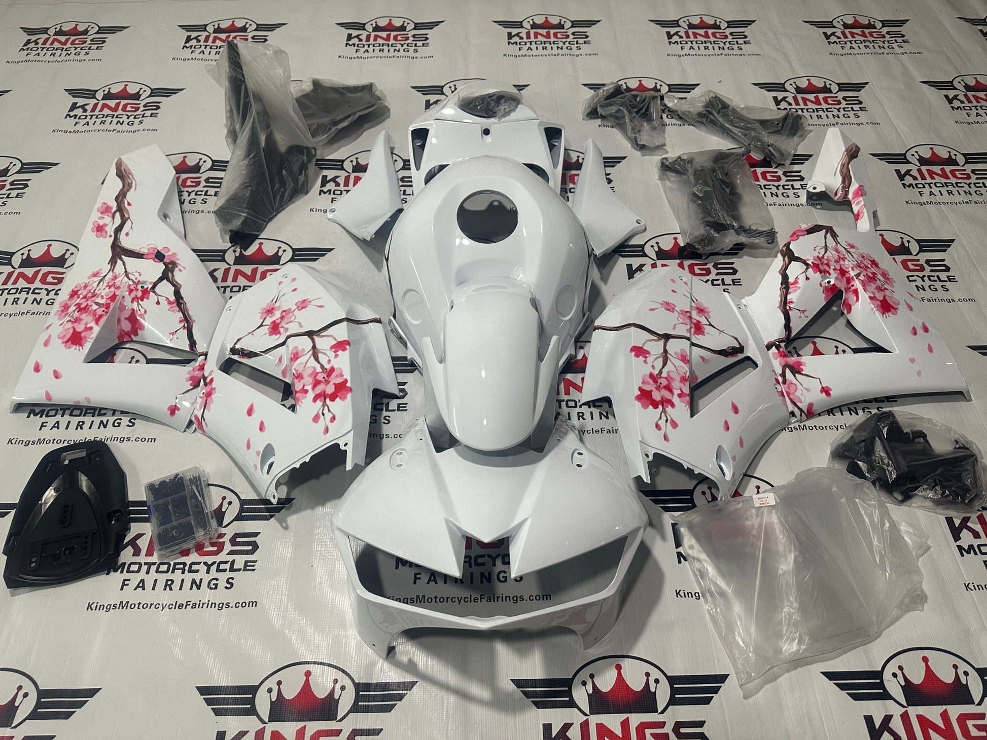 Honda CBR600RR Fairings (2026) White, Pink Flowers at KingsMotorcycleFairings.com