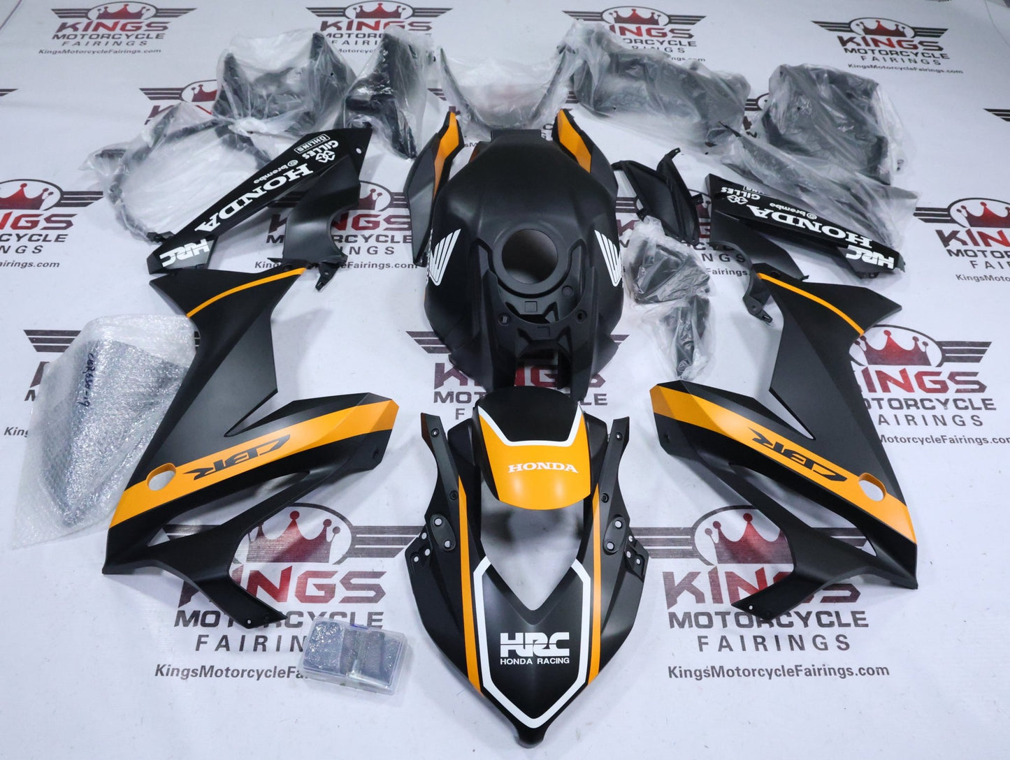 Honda CBR650R Fairings (2021-2023) Matte Black, Dark Yellow Stripe at KingsMotorcycleFairings.com