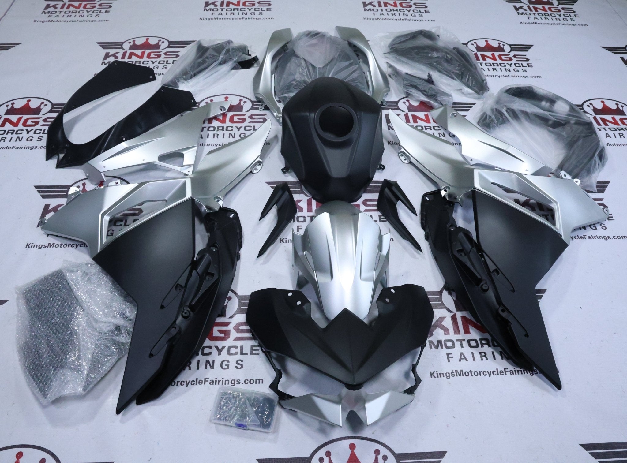 KawasakiI Ninja 500 Fairing Kit (2024-2025) Matte Black, Gloss Silver at KingsMotorcycleFairings.com