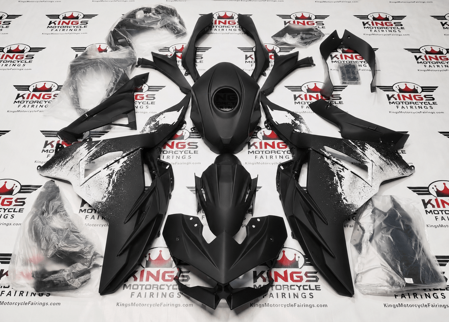 KawasakiI Ninja 500 Fairing Kit (2024-2025) Matte Black, White Spray from KingsMotorcycleFairings.com