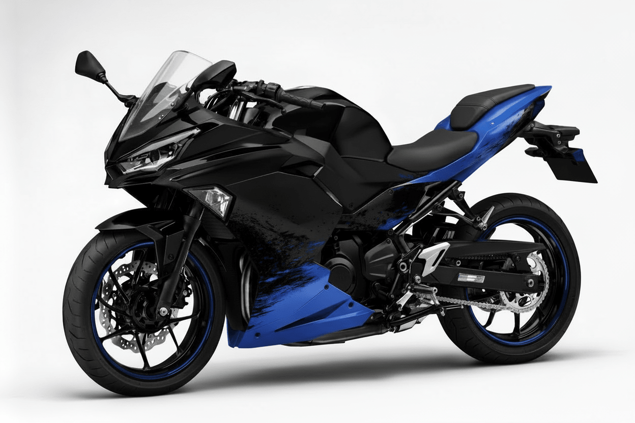 KawasakiI Ninja 500 Fairings (2024-2025) Matte Black, Blue Spray at KingsMotorcycleFairings.com
