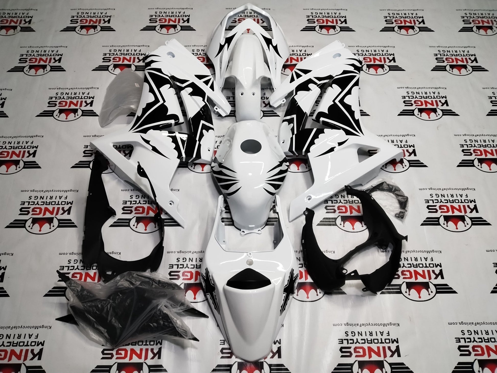 Kawasaki Ninja 250R Fairing Kit (2008-2013) White, Black, Stars at KingsMotorcycleFairings.com