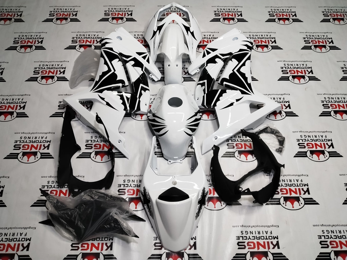 Kawasaki Ninja 250R Fairing Kit (2008-2013) White, Black, Tribal Stars at KingsMotorcycleFairings.com
