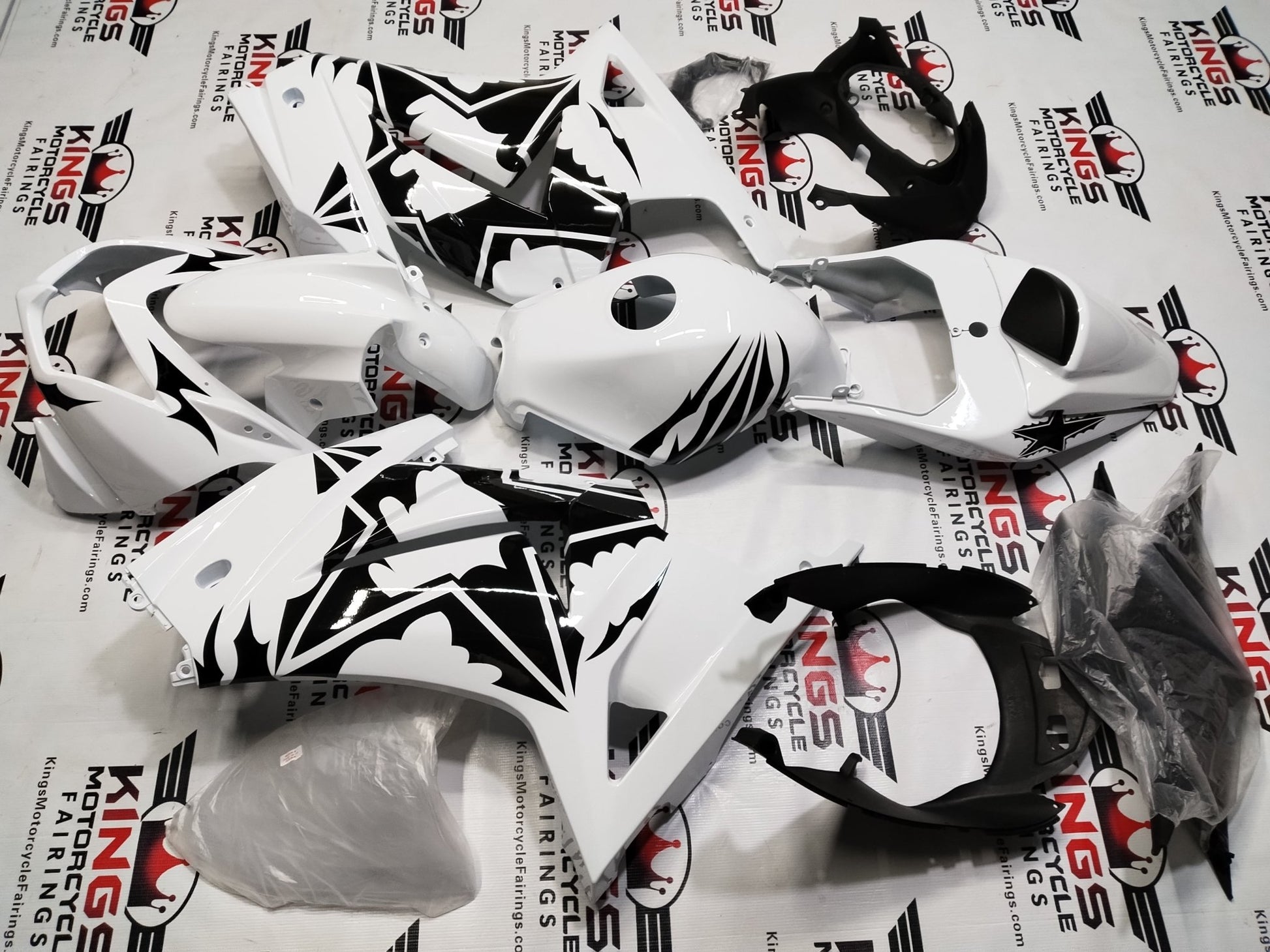 Kawasaki Ninja 250R Fairing Set (2008-2013) White, Black, Stars at KingsMotorcycleFairings.com