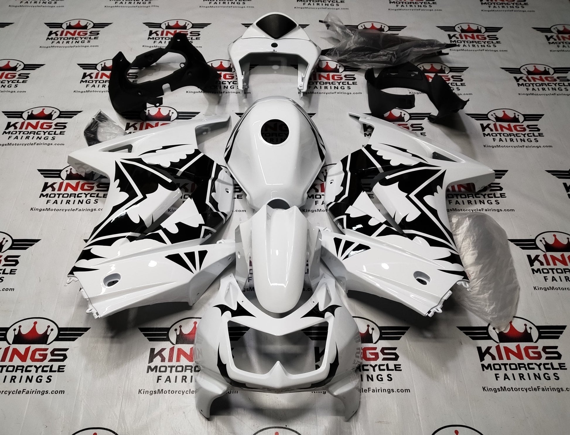 Kawasaki Ninja 250R Fairings (2008-2013) White, Black, Stars at KingsMotorcycleFairings.com