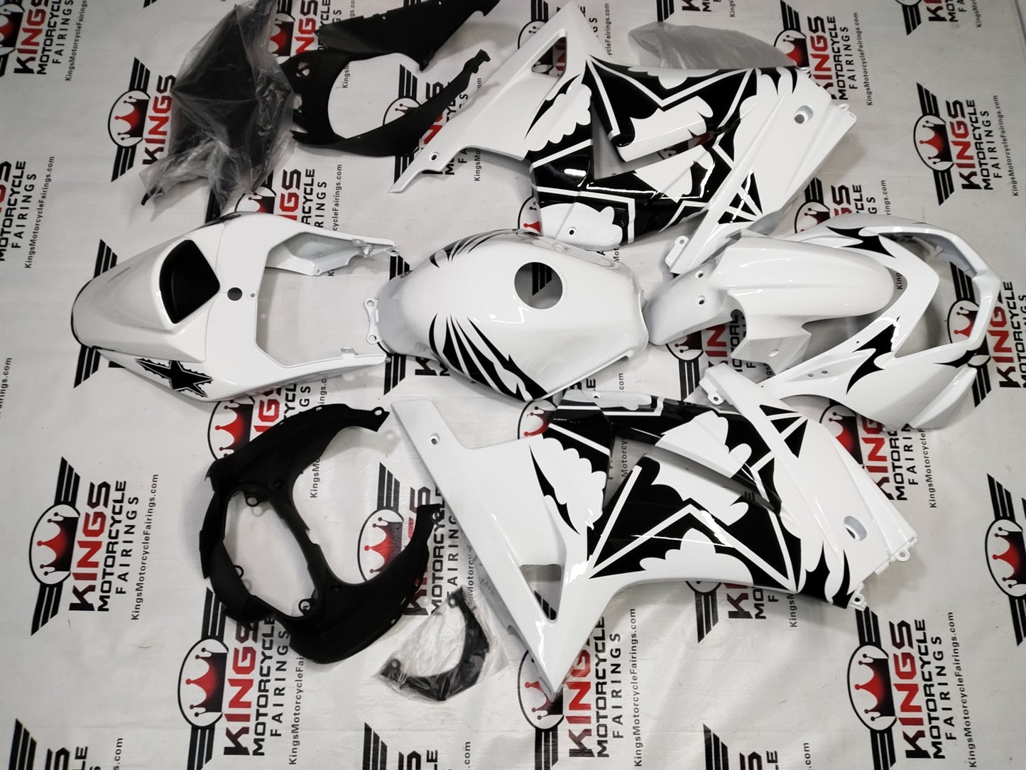 Kawasaki Ninja 250R Fairings (2008-2013) White, Black, Stars from KingsMotorcycleFairings.com