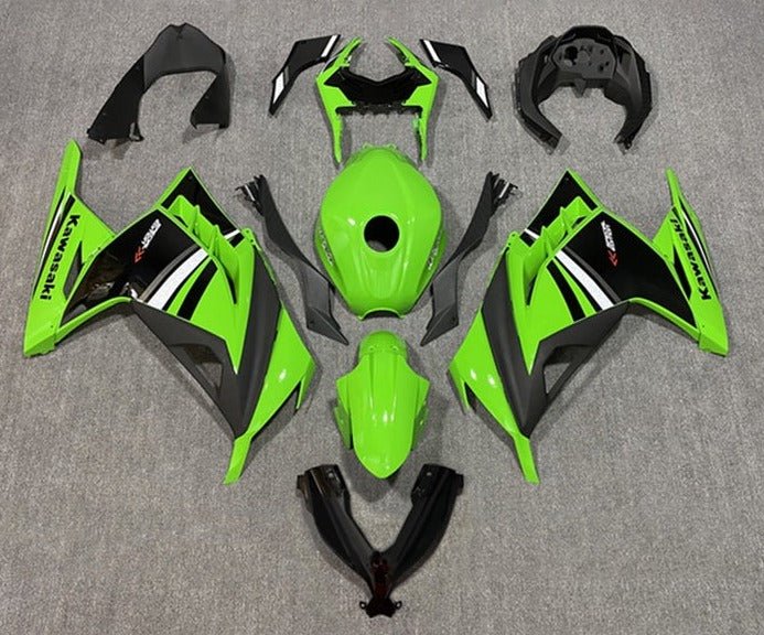 Kawasaki Ninja 300 Fairings (2013-2024) Green, Black, White Stripe at KingsMotorcycleFairings.com