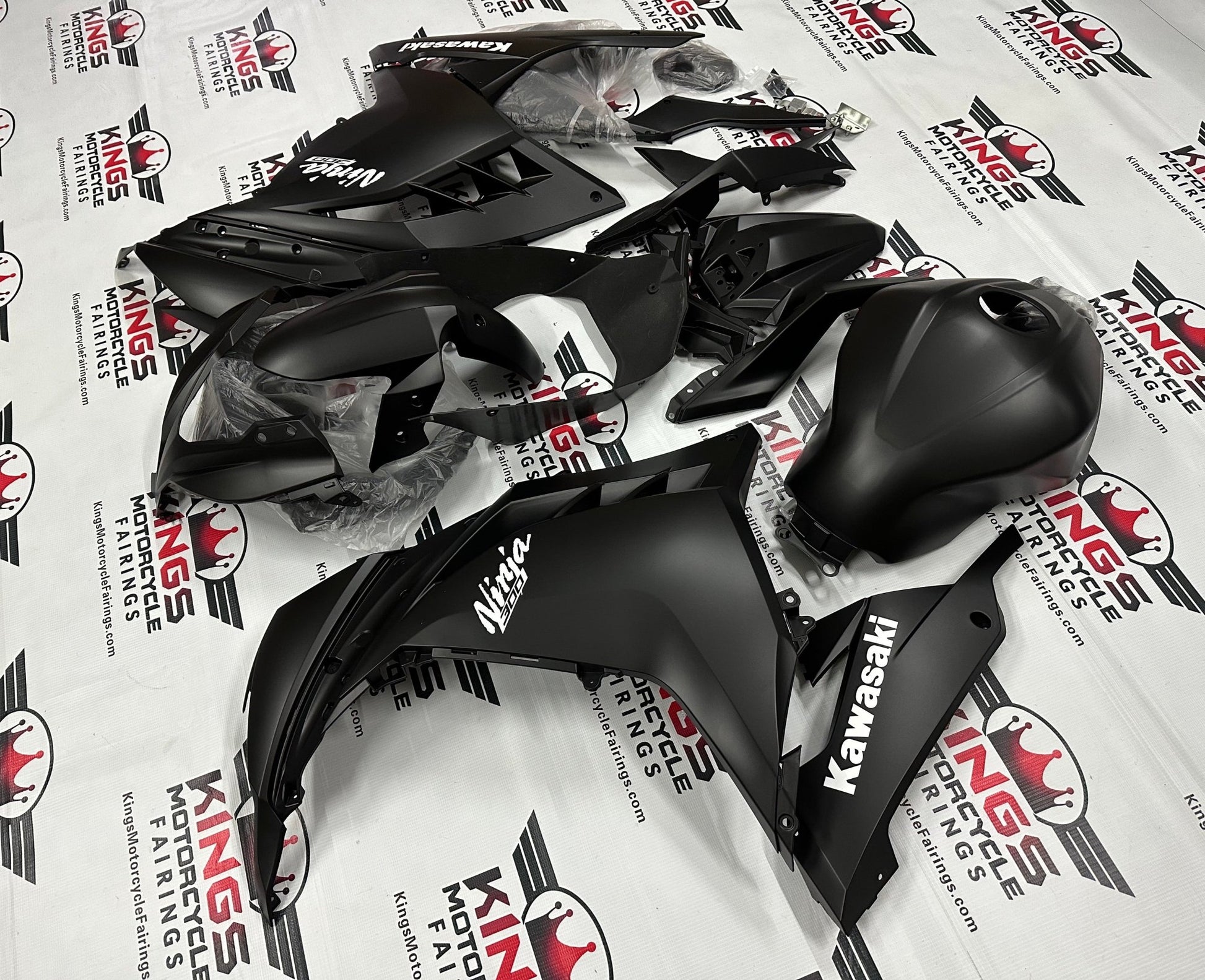 Kawasaki Ninja 300 Fairings (2013-2024) Matte Black, White at KingsMotorcycleFairings.com