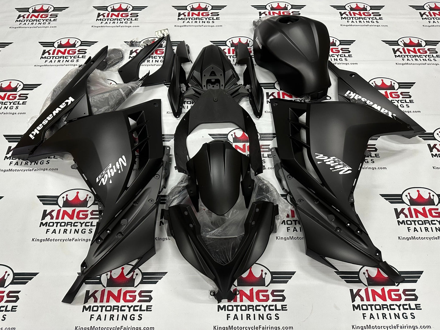 Kawasaki Ninja 300 Fairings (2013-2024) Matte Black, White at KingsMotorcycleFairings.com