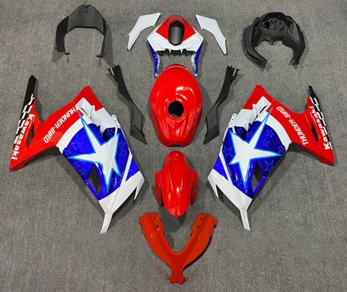 Kawasaki Ninja 300 Fairings (2013-2024) Red, Blue, White Star from KingsMotorcycleFairings.com