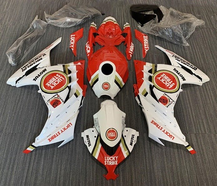 Kawasaki Ninja 300 Fairings (2013-2024) White, Red, Lucky Strike at KingsMotorcycleFairings.com