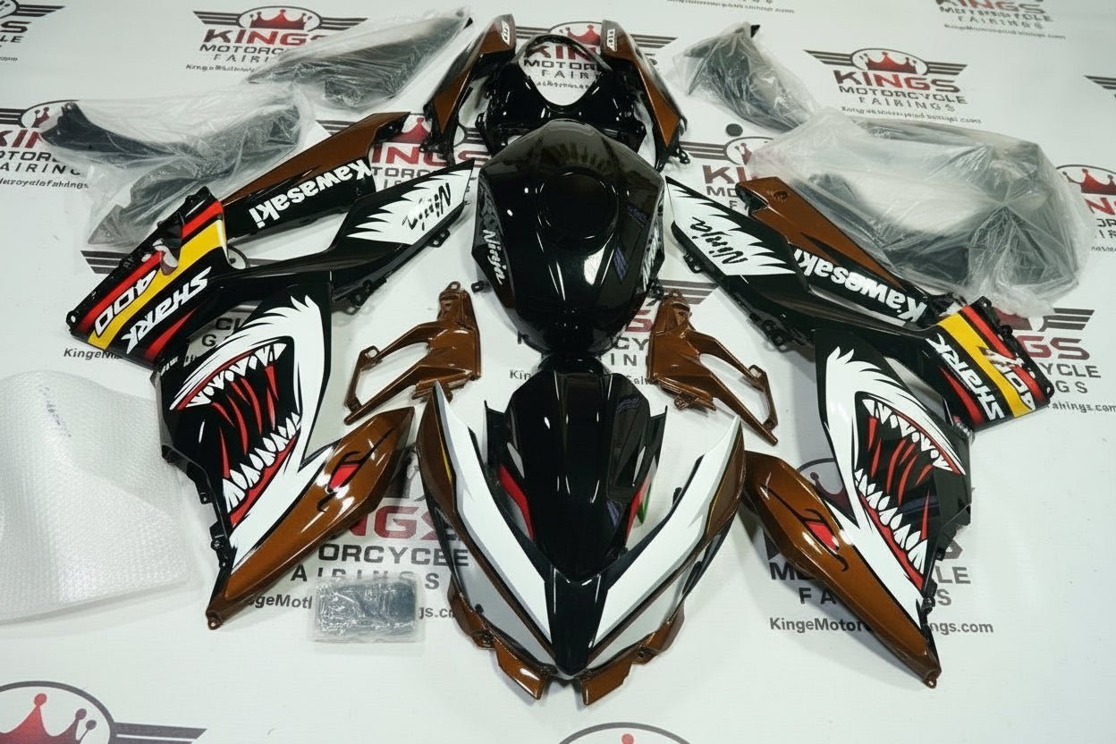 Kawasaki Ninja 400 Fairings (2018-2023) Brown, Black, White, Red Shark at KingsMotorcycleFairings.com