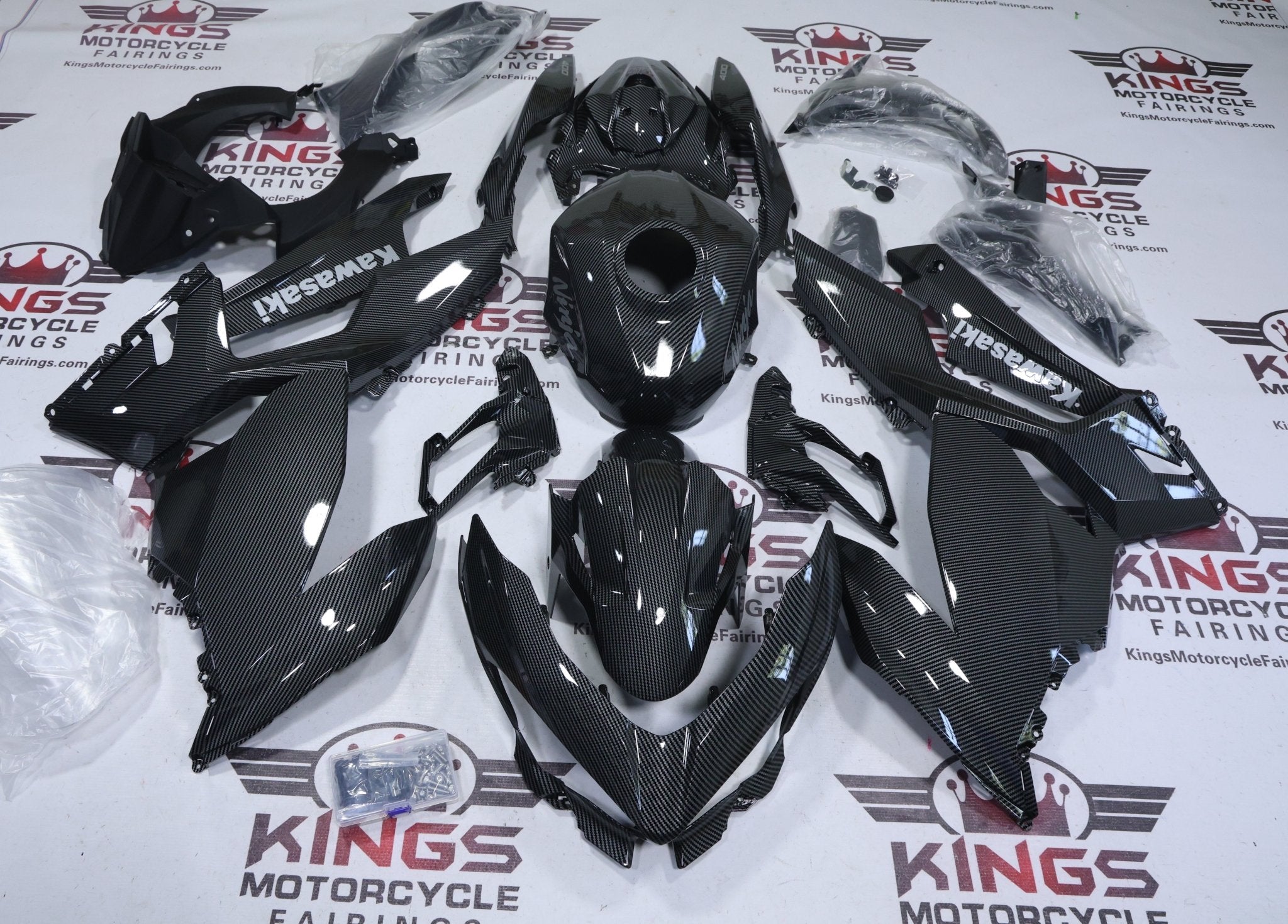 Kawasaki Ninja 400 Fairings (2018-2023) Faux Carbon Fiber, Gray from KingsMotorcycleFairings.com