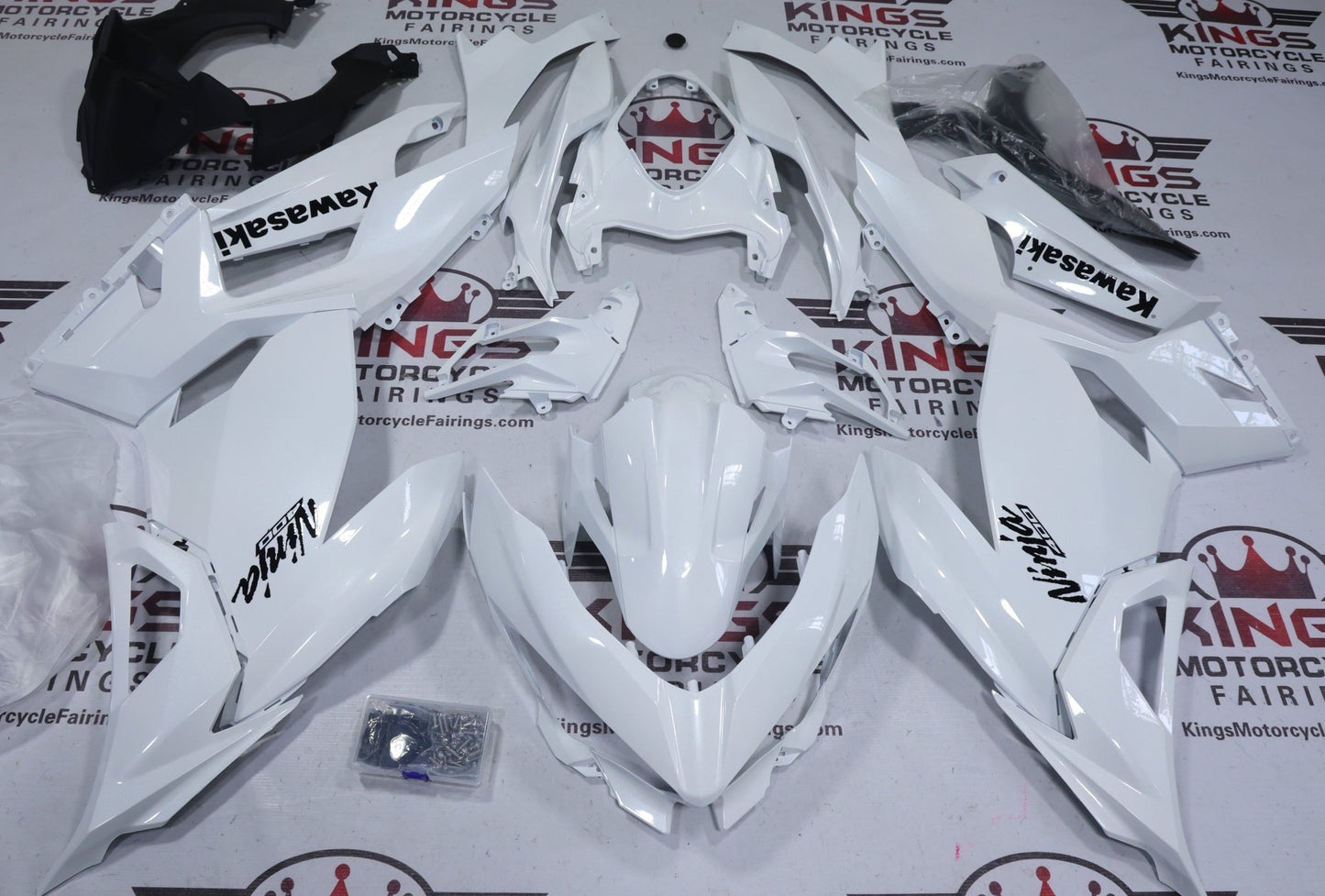 Kawasaki Ninja 400 Fairings (2018-2023) Pearl White, Black at KingsMotorcycleFairings.com