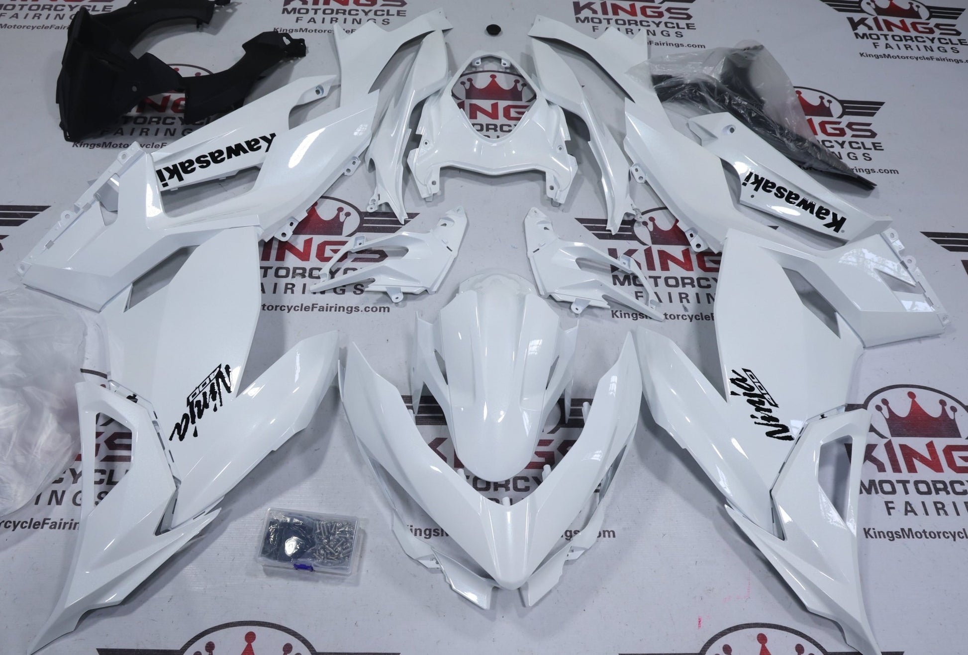 Kawasaki Ninja 400 Fairings (2018-2023) Pearl White, Black at KingsMotorcycleFairings.com