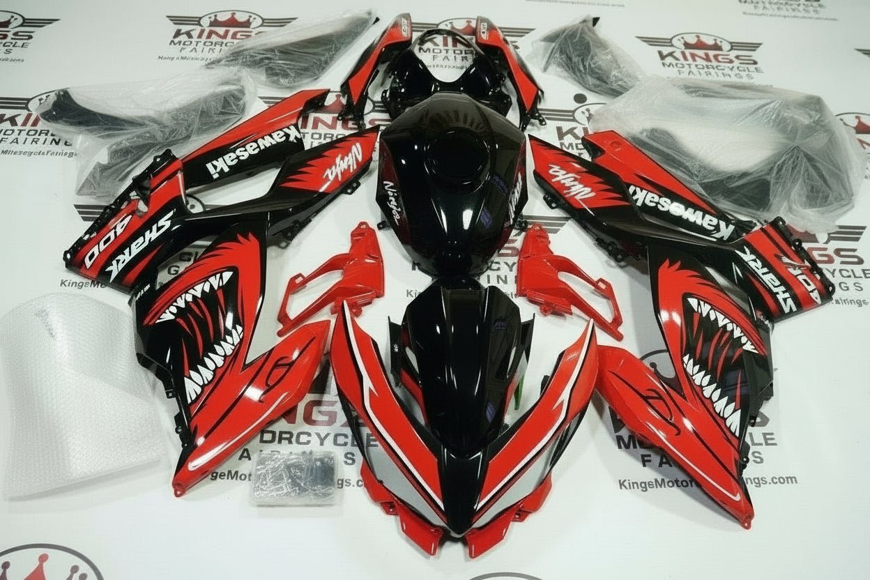 Kawasaki Ninja 400 Fairings (2018-2023) Red, Black, White Shark from KingsMotorcycleFairings.com