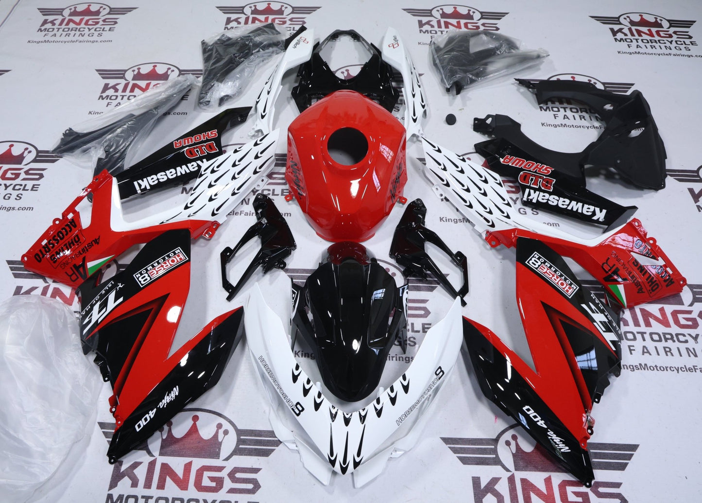 Kawasaki Ninja 400 Fairings (2018-2023) White, Red, Black Arrows at KingsMotorcycleFairings.com