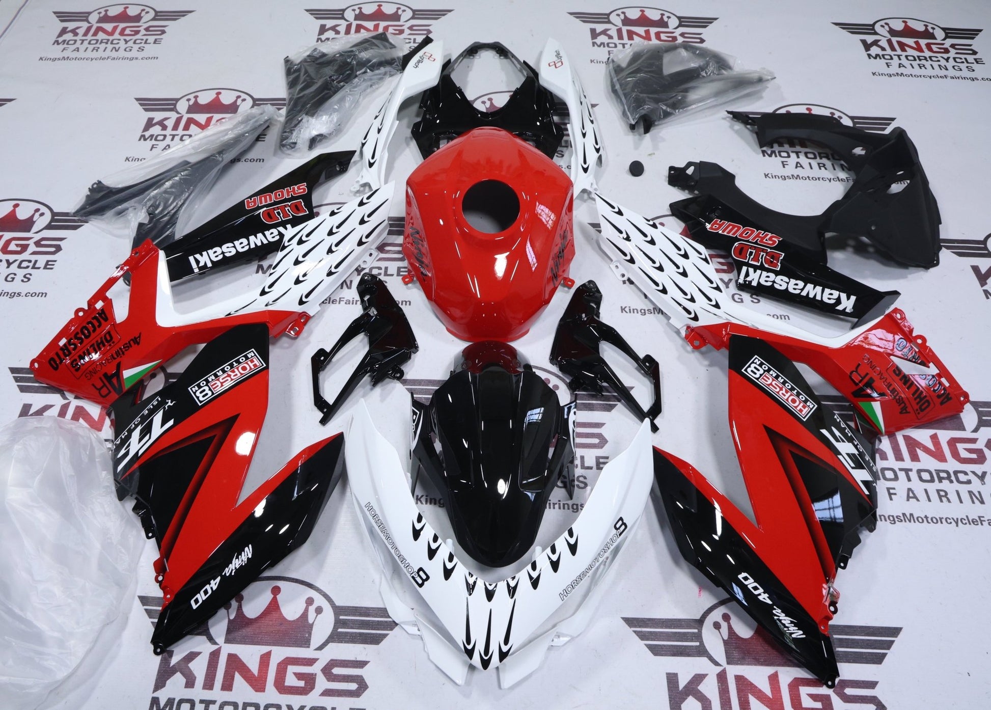 Kawasaki Ninja 400 Fairings (2018-2023) White, Red, Black Arrows at KingsMotorcycleFairings.com