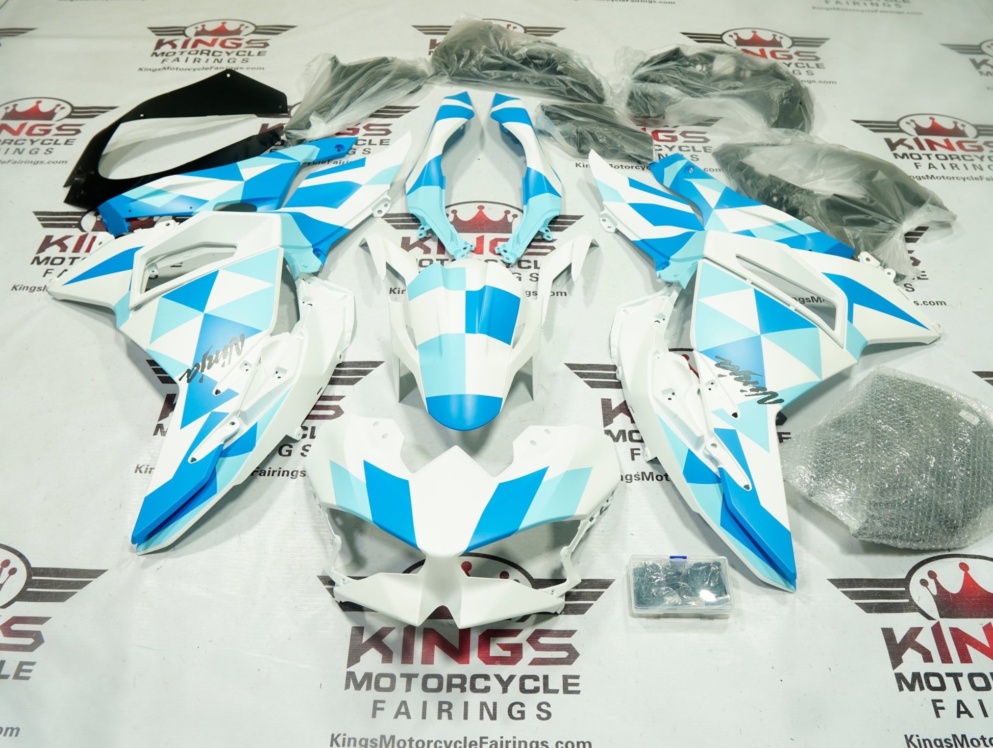 Kawasaki Ninja 500 Fairing Kit (2024-2025) Matte White, Blue Geometric at KingsMotorcycleFairings.com
