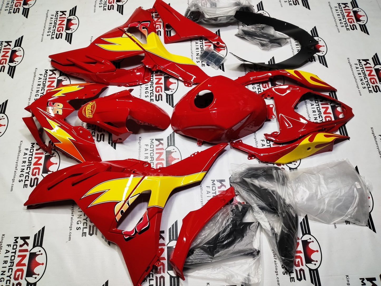 Kawasaki Ninja 500 Fairing Kit (2024-2025) Red, Yellow, Rusteze 95 from KingsMotorcycleFairings.com