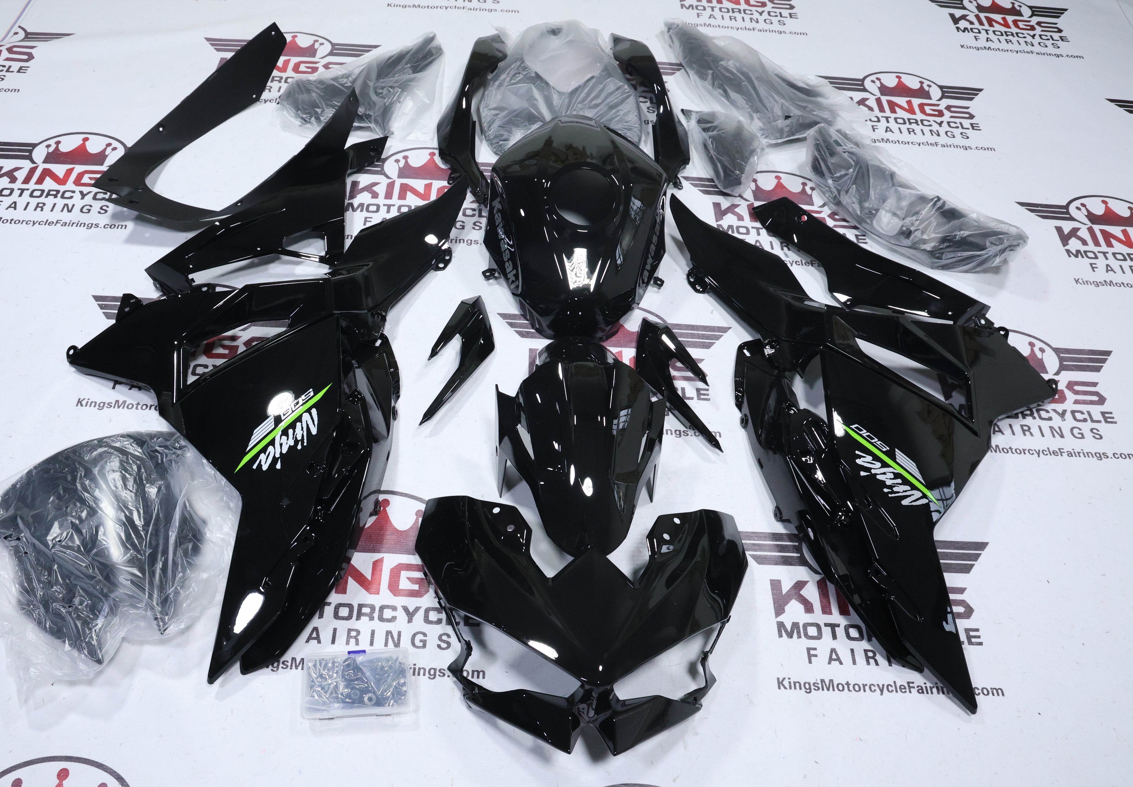Kawasaki Ninja 500 Fairings (2024-2025) Black, Green Stripe from KingsMootrcycleFairings.com