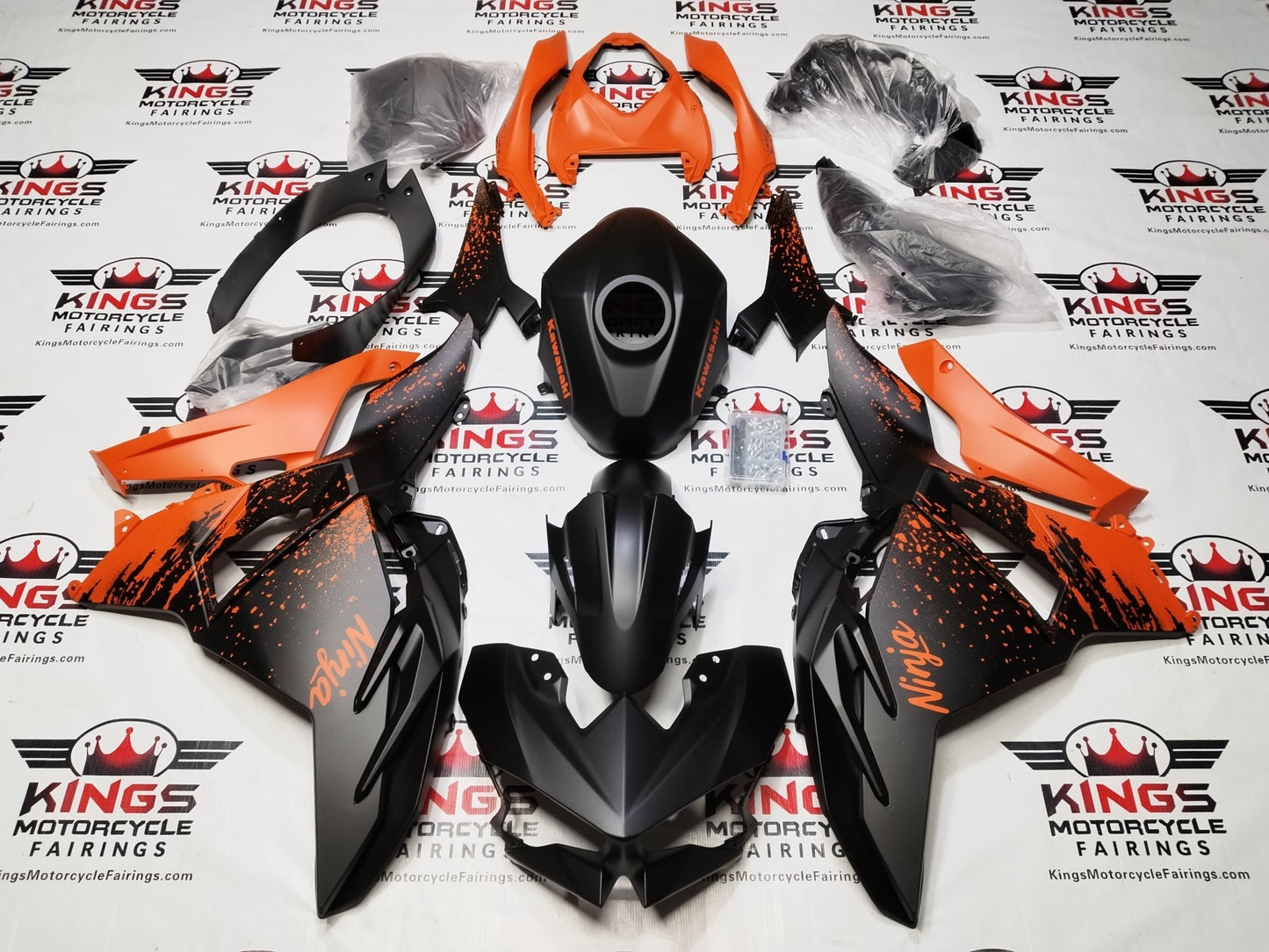 Kawasaki Ninja 500 Fairings (2024-2025) Matte Black, Matte Orange Spray from KingsMotorcycleFairings.com
