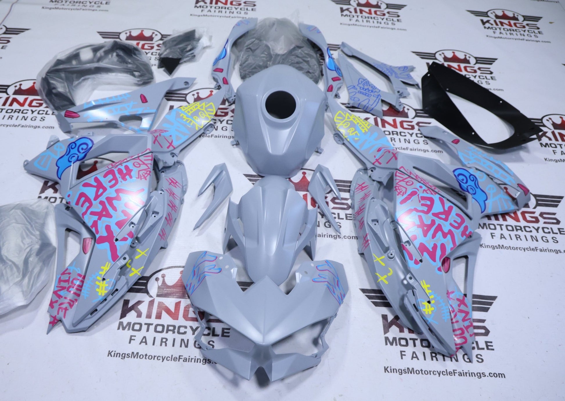 Kawasaki Ninja 500 Fairings (2024-2025) Matte Gray Graffiti Jinx from KingsMotorcycleFairings.com