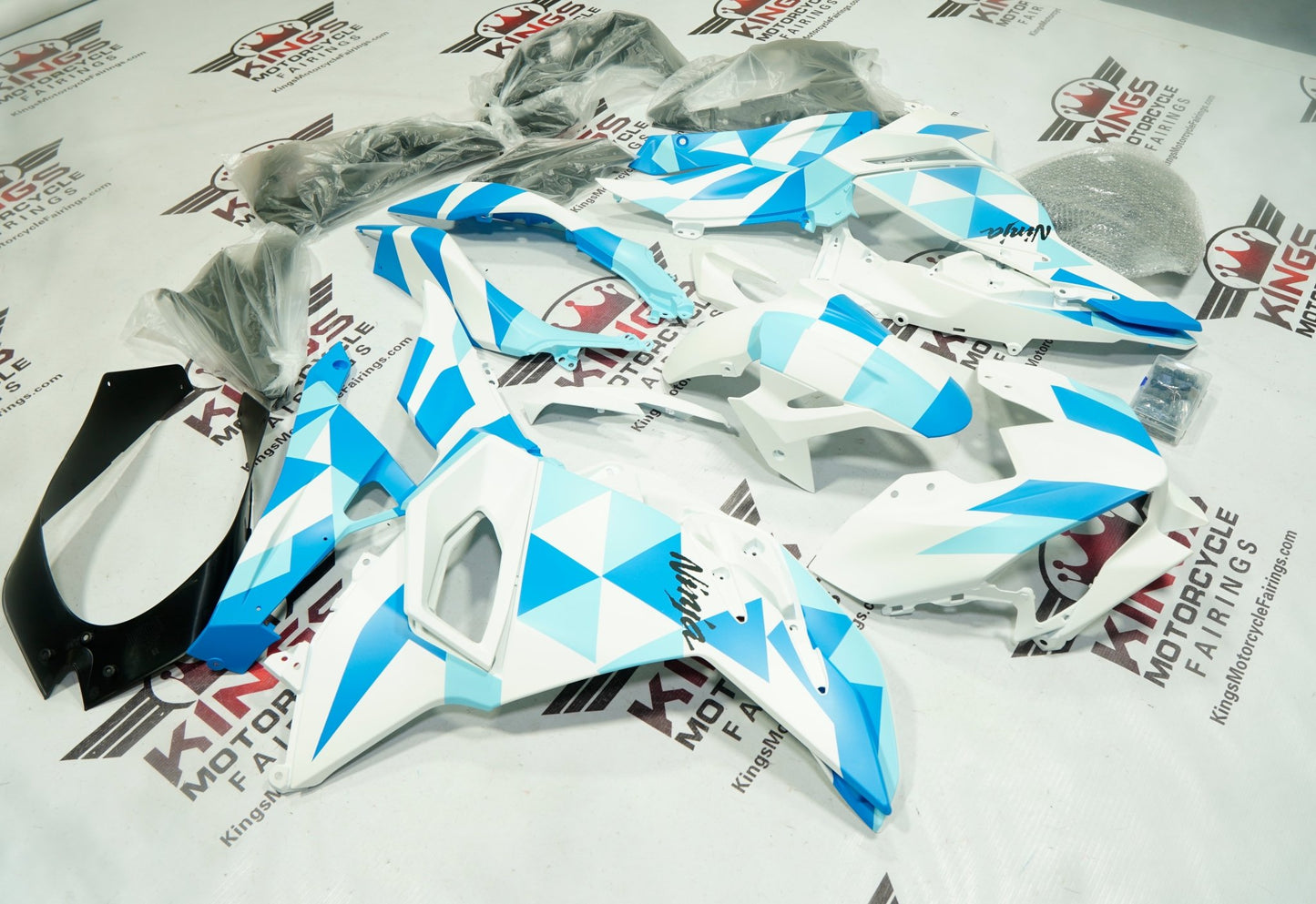 Kawasaki Ninja 500 Fairings (2024-2025) Matte White, Blue Geometric at KingsMotorcycleFairings.com