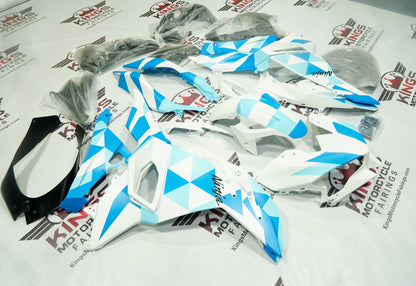 Kawasaki Ninja 500 Fairings (2024-2025) Matte White, Blue Geometric at KingsMotorcycleFairings.com