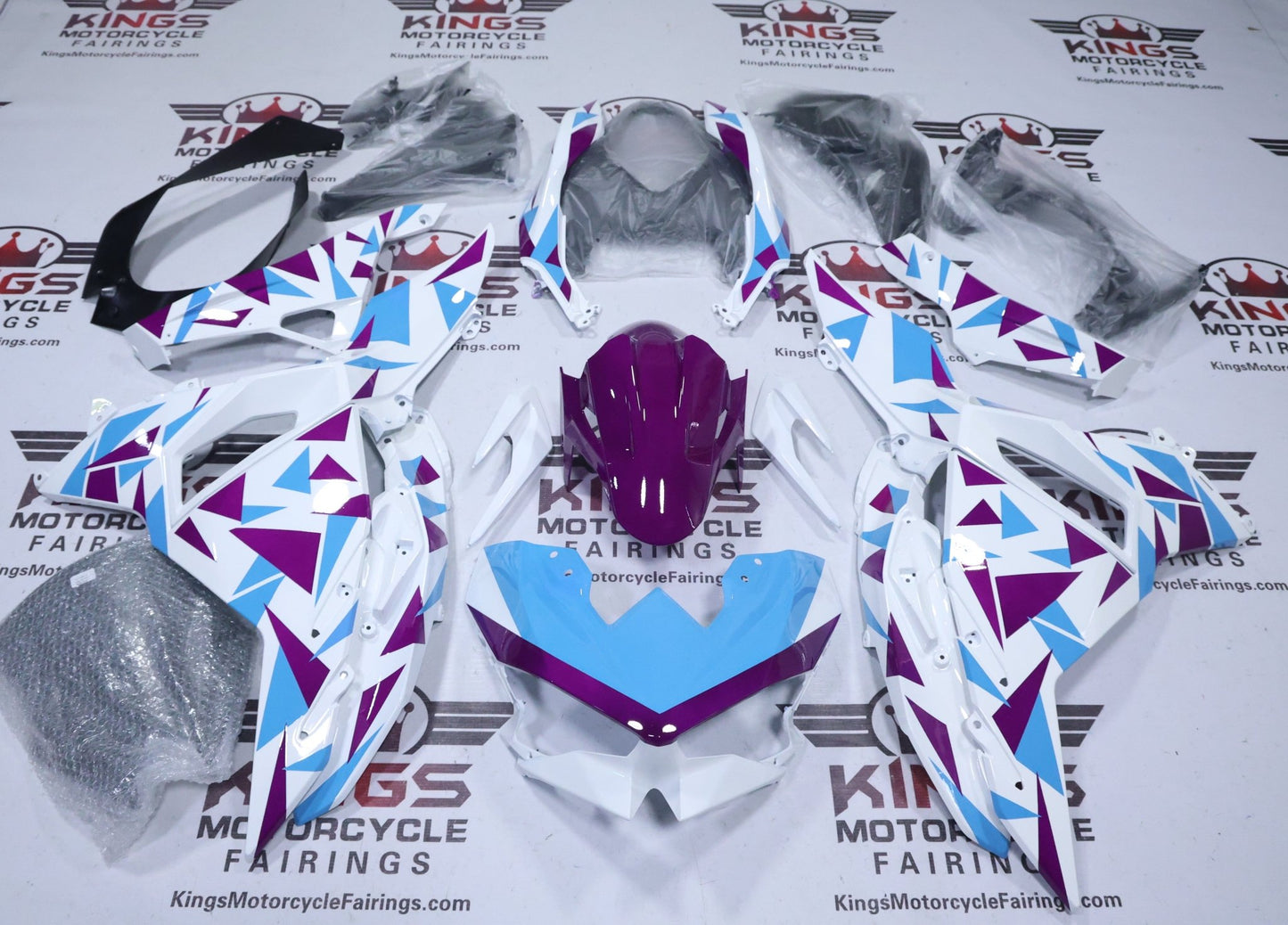 Kawasaki Ninja 500 Fairings (2024-2025) White, Blue, Purple Geometric at KingsMotorcycleFairings.com
