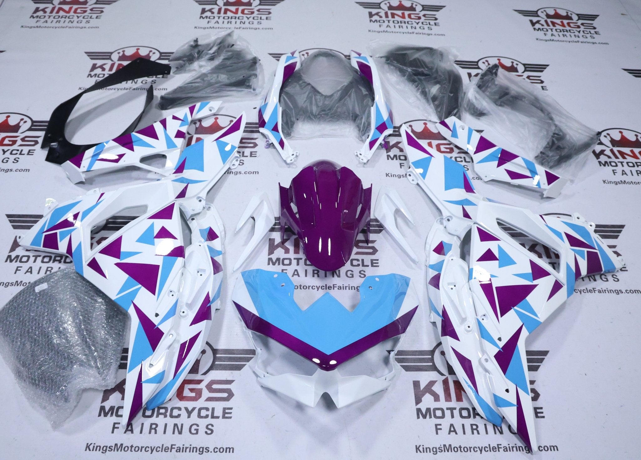 Kawasaki Ninja 500 Fairings (2024-2025) White, Blue, Purple Geometric at KingsMotorcycleFairings.com